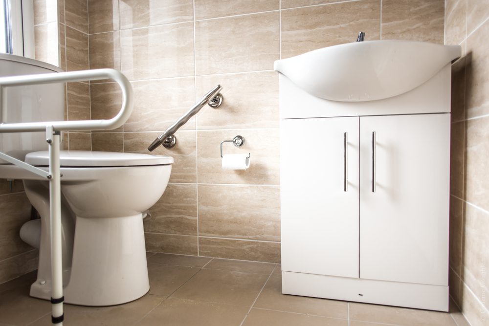 Bathroom with assistive rails
